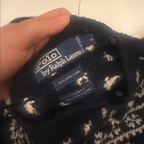 POLO Ralph Lauren Men's navy and Cream Sweater 100% wool handknit VINTAGE - Picture 2 of 2